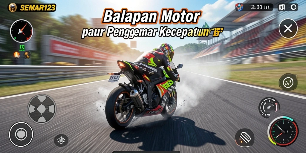 Screenshot gameplay SEMAR123 menampilkan balapan motor yang mendebarkan.
